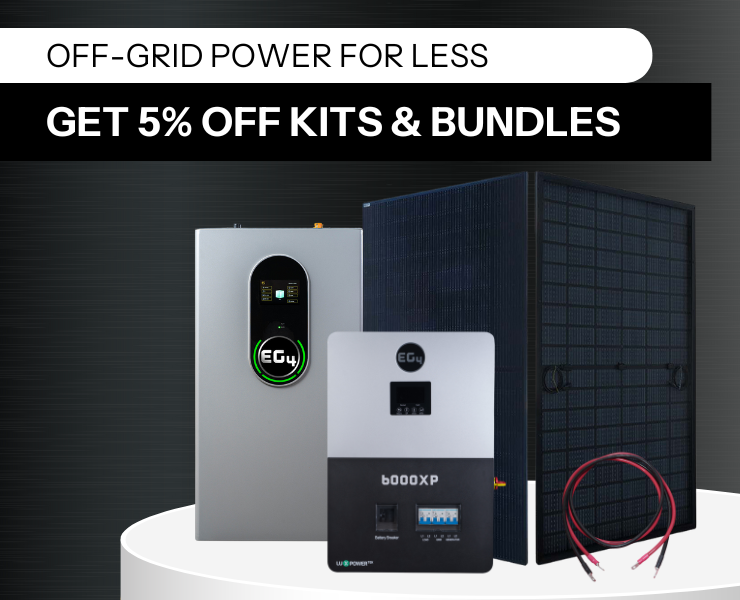 5% off kits and bundles showing EG4 off-grid solar kit with dark background.