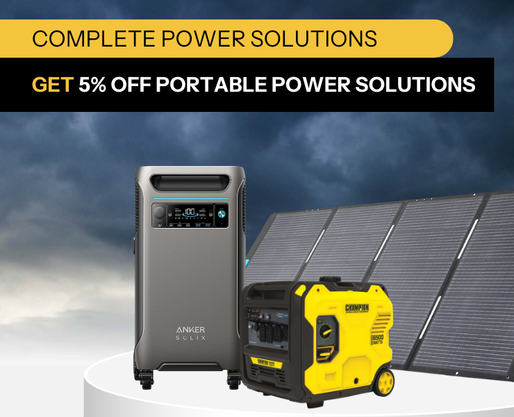 5% off portable power solutions showing Anker F3800, Anker solar panel, and Champion generator with dark storm cloud background.