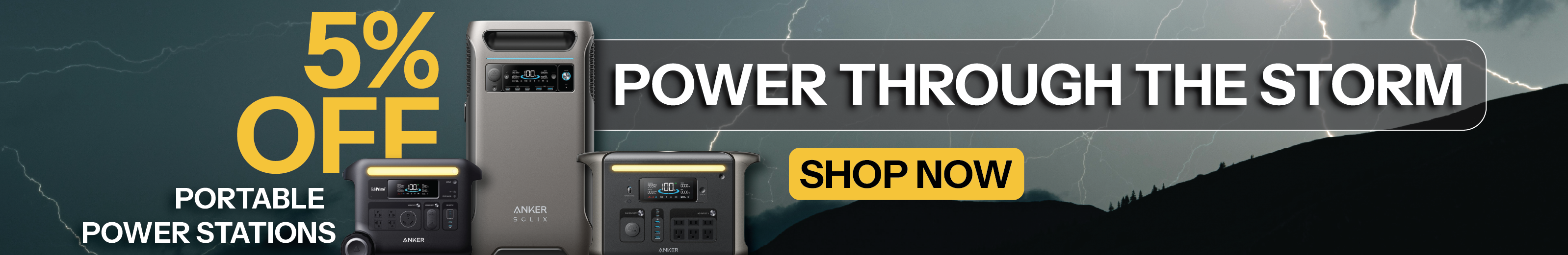 5% off portable power solutions showing Anker F3800, Anker SOLIX C800X, and more with dark storm cloud background.