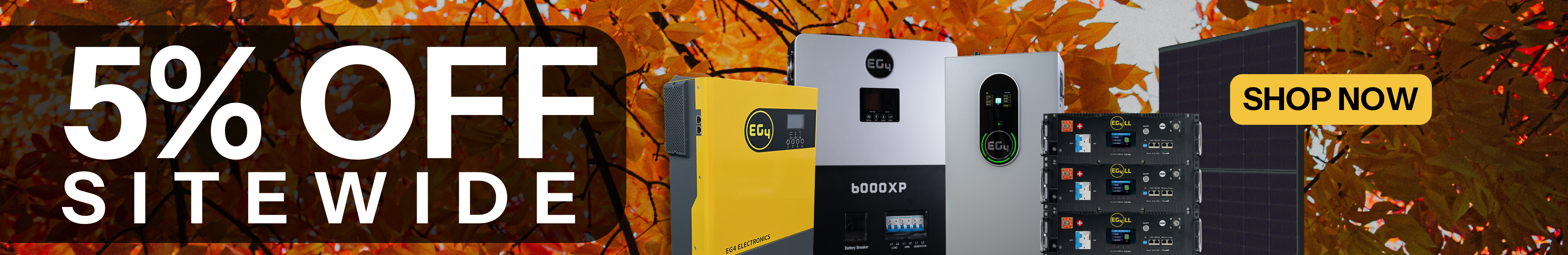 Get 5% off site wide showing solar products with fall tree background. Shop now!