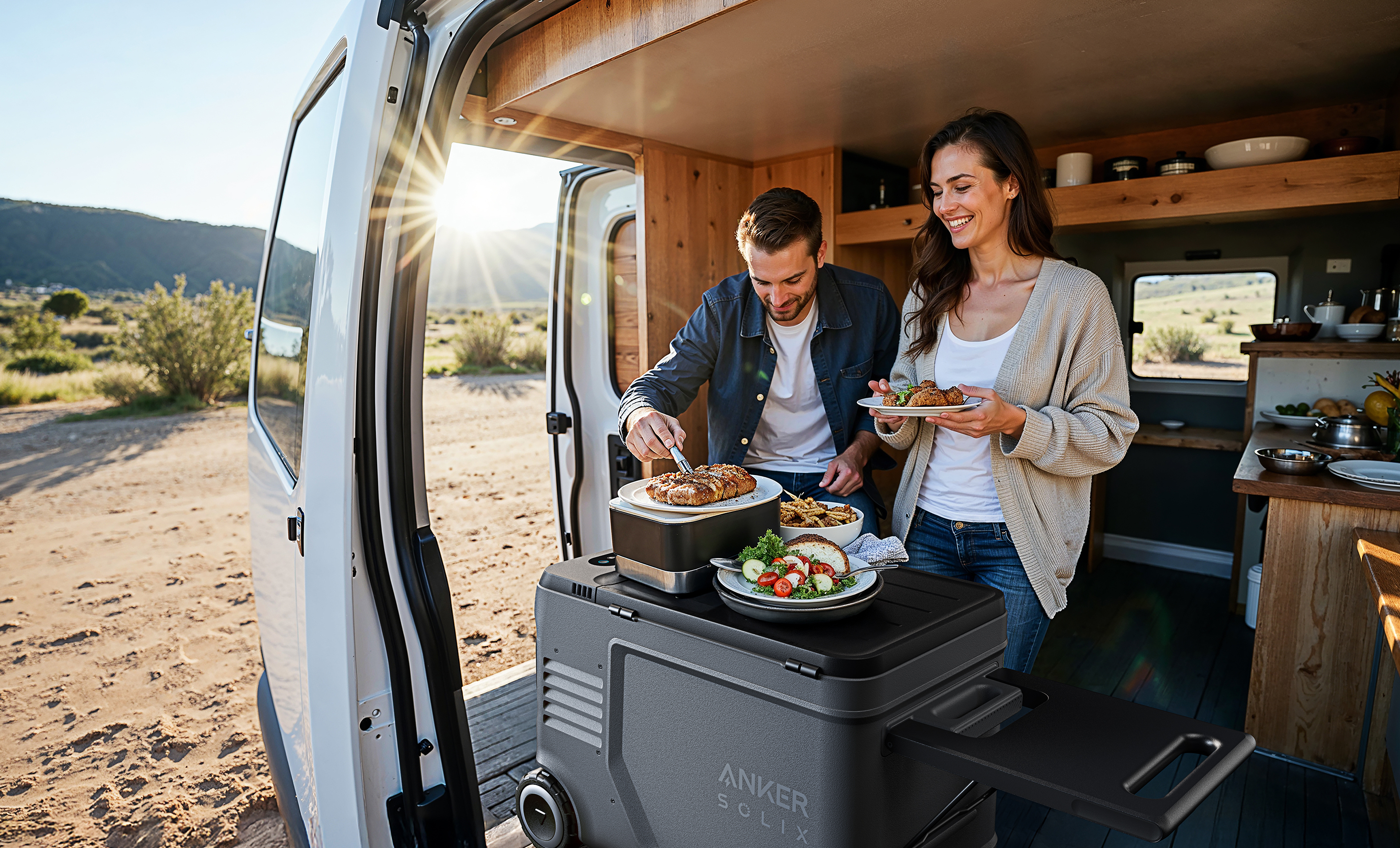 RV cooking setup out West with people using their Anker EverFrost 2 Cooler.