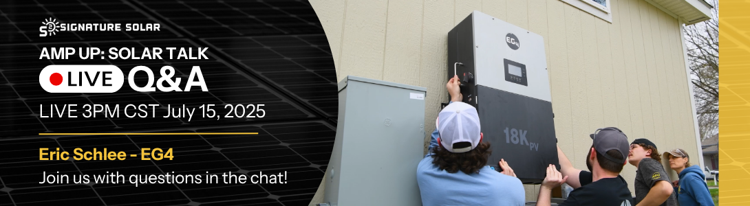 Amp Up Solar Talk, July 15th, 2025, at 3 PM CST with Eric Schlee from EG4 showing installers mounting an EG4 18Kpv inverter to the side of a house.