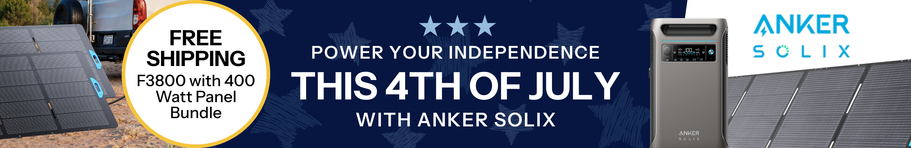 Promotional banner for Anker Solix July 4th sale free shipping when you purchase F3800 and 400W panel bundle. Shop Anker CTA.