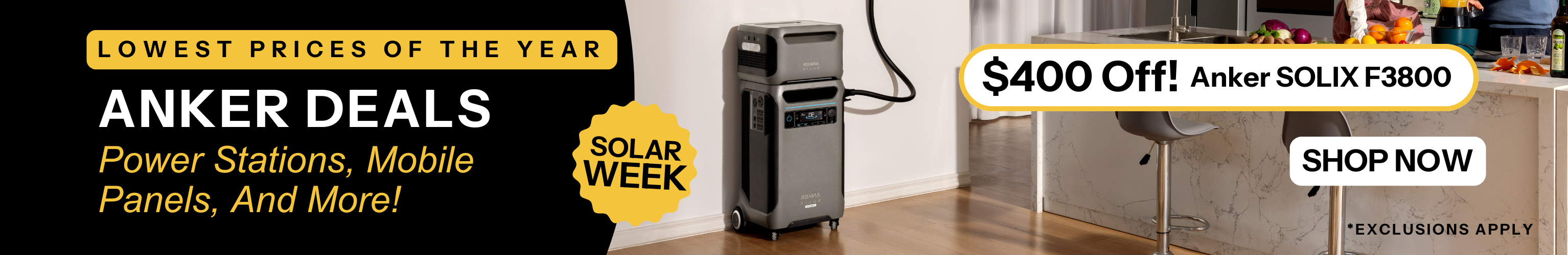 Anker promotional image showcasing $400 off Anker SOLIX F3800 and other discounts for Solar Week. Shop now!