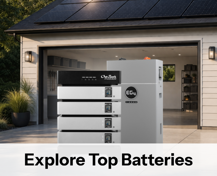 Explore top batteries showing the EG4 indoor wallmount and OutBack Power batteries.