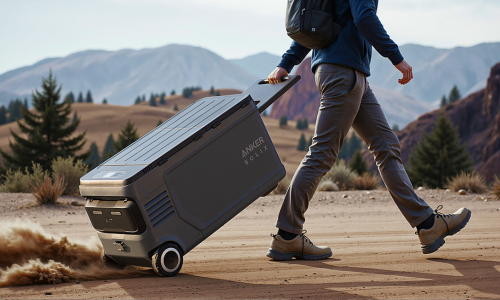 Man rolling his Anker Solix cooler in desert setting.