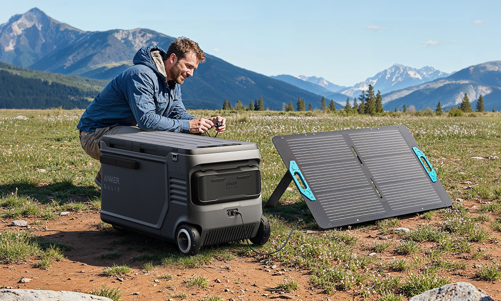 Man in winter coat with mountain background and Anker cooler and solar panels.