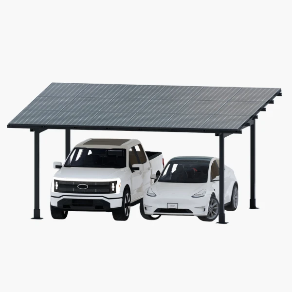Chiko carport with solar panel roof and cars below