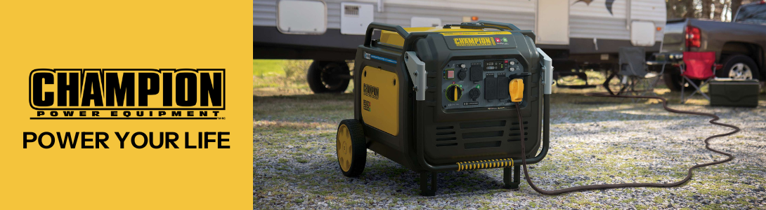Champion generator with RV behind it and Champion logo.