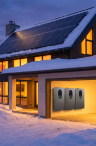 EG4 Indoor Wallmount batteries inside house garage with lights on and snow outside