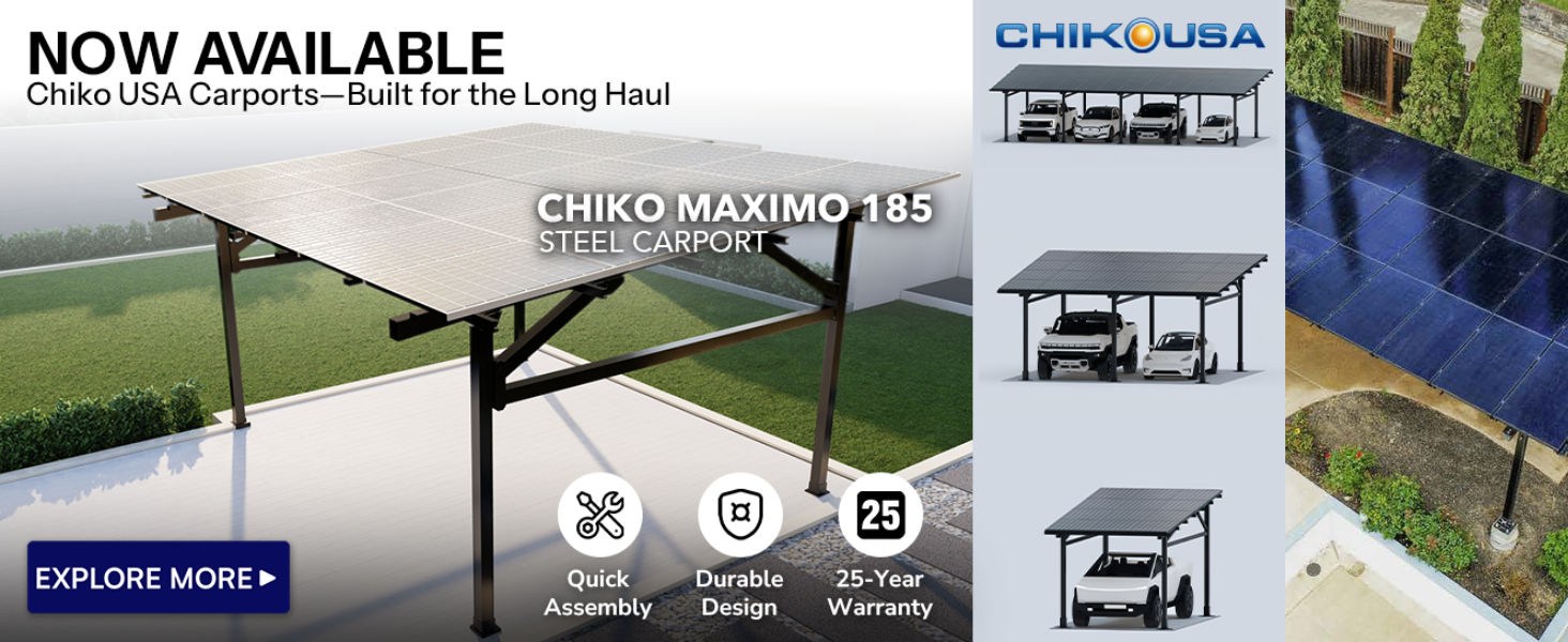 Chiko Maximo Steel Solar Carports with solar panels and cars parked under.