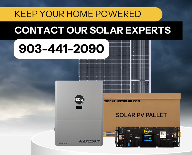 Contact Signature Solar experts at 903-441-2090 with solar products and dark storm cloud background.