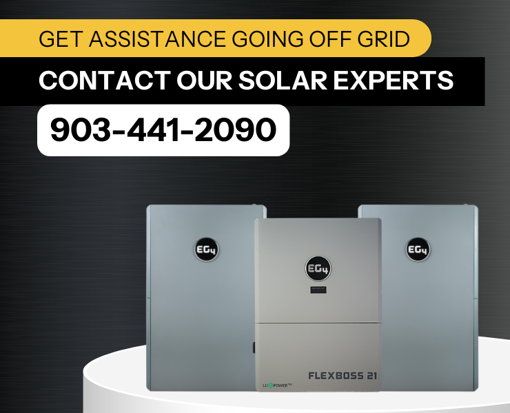 Contact Signature Solar experts at 903-441-2090 with EG4 off-grid kit and dark background.