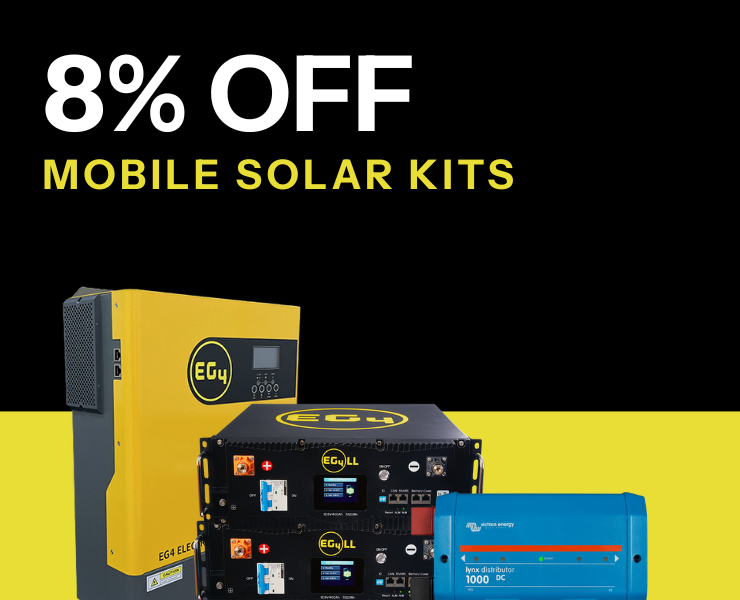 8% off mobile solar kits showing EG4 and Victron kit. Shop now!