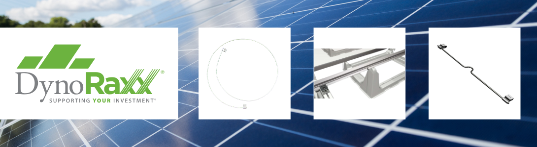 DynoRaxx Logo with solar panel background and featured products.