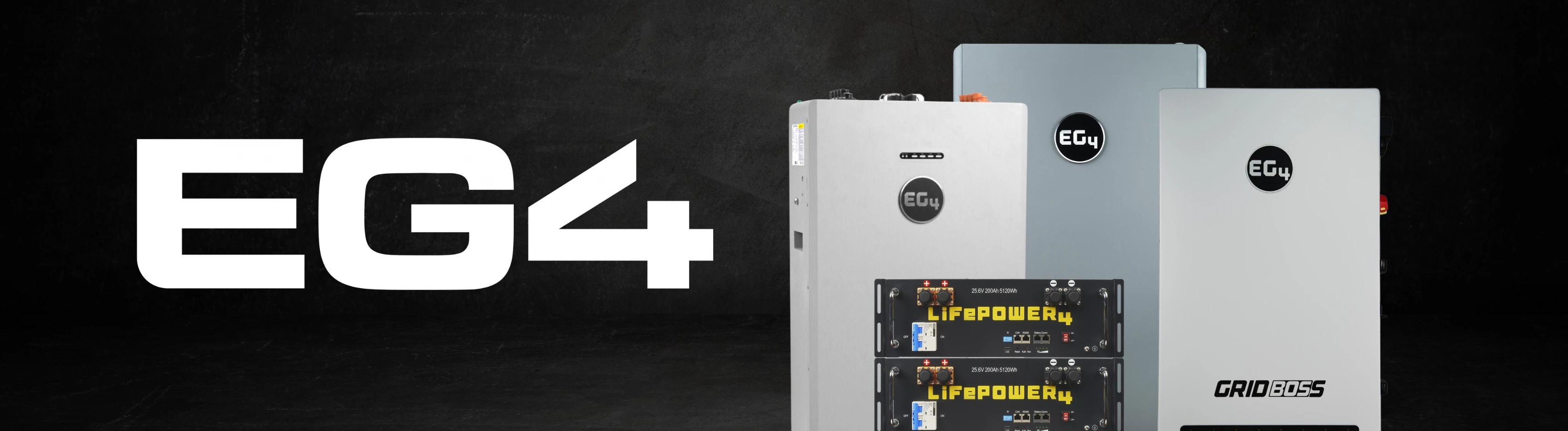 EG4 logo with line up of EG4 batteries, inverters, and more on dark background.