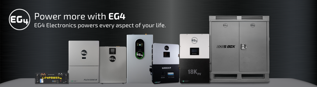 Line up of many different EG4 batteries, inverters, and more on dark metal background.