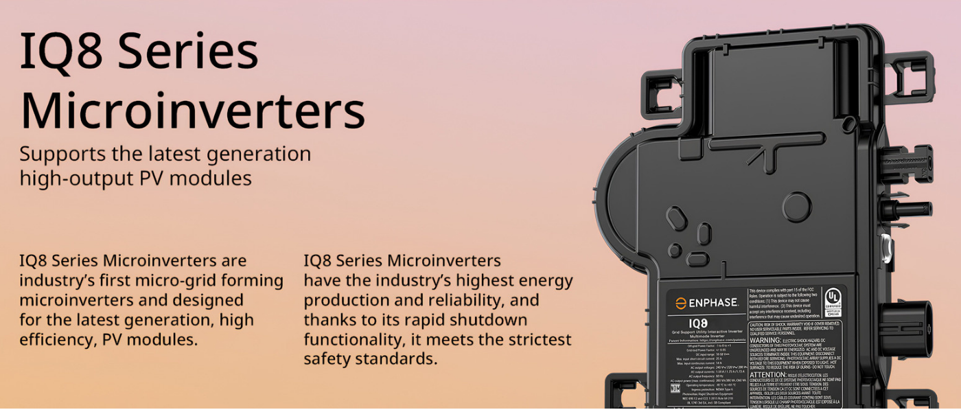 Enphase IQ8+ Microinverter images of solar panels and firefighter with shield.
