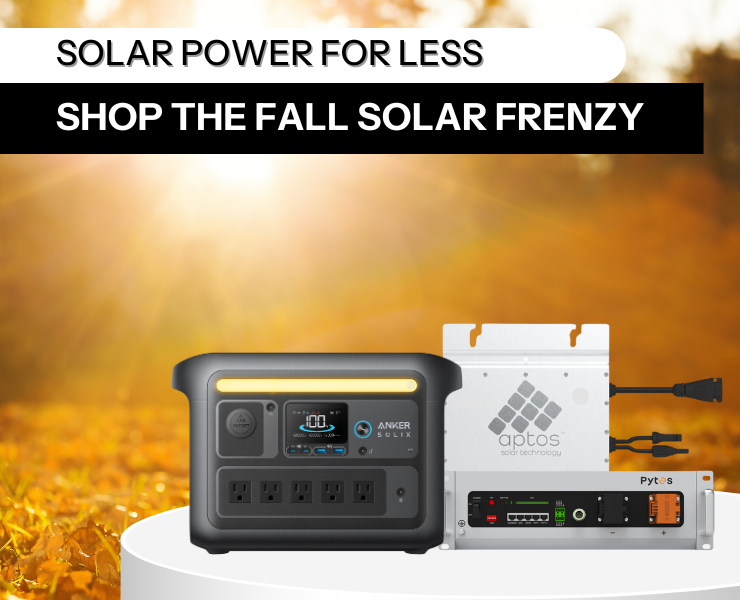 Shop the fall solar frenzy and get solar power for less! Showing Anker, Aptos, and Pytes with fall background.