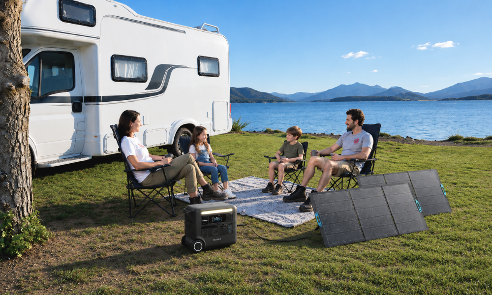 Family sitting outside RV with Anker SOLIX portable power station and lake and mountains in the distance.