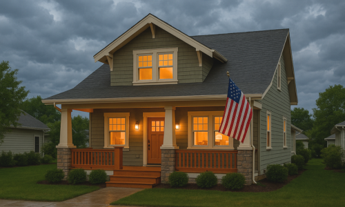 House with dark sky and lighting in the distance with lights on inside.
