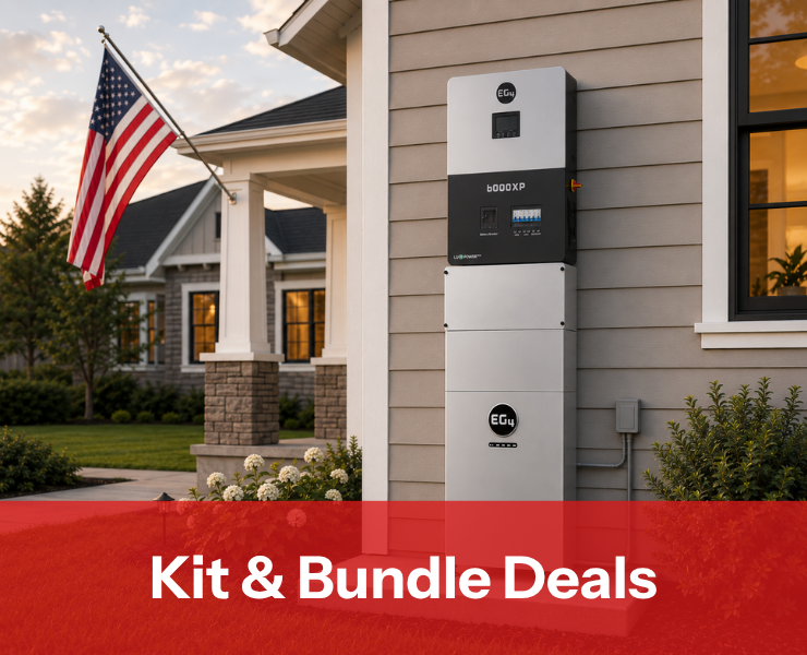 5% off solar kits and bundles showing EG4 6000XP and outdoor battery installed outside of home with American flag. Shop kit and bundle deals now.