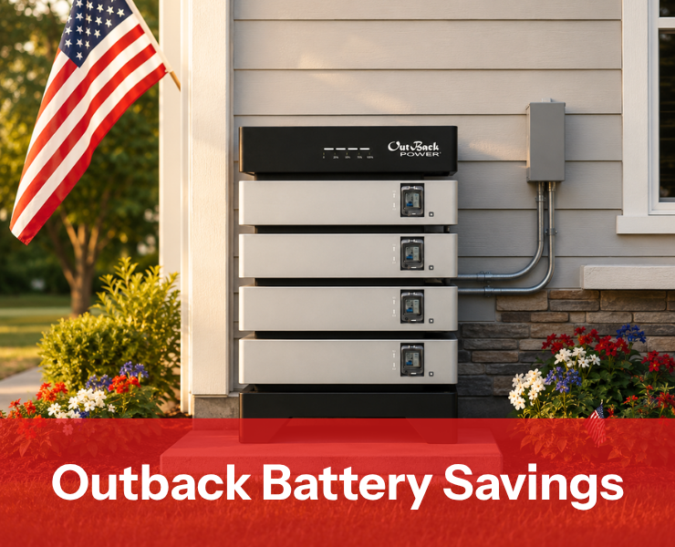 OutBack Power EnergyCell 5 Battery 4 stack shown installed outside of a patriotic home with flag and garden. Shop Outback Power savings now!