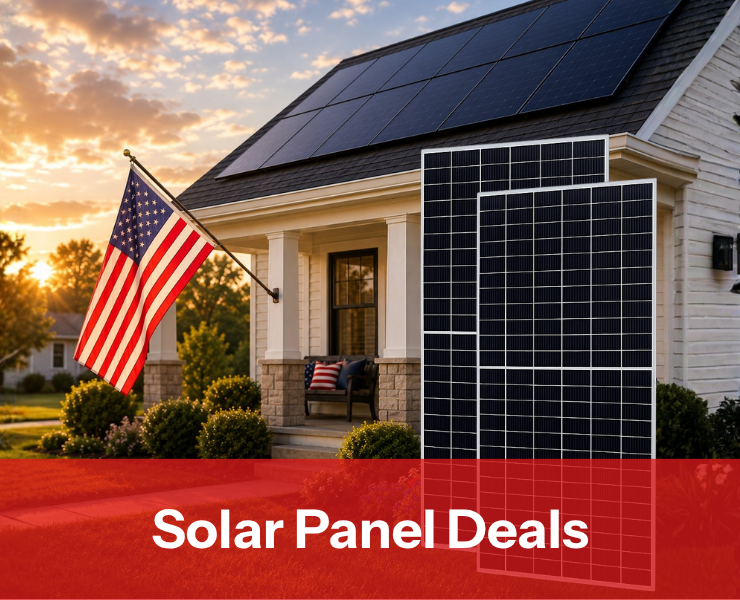 Solar panel deals showing solar panels outside of home with American flag. Shop solar panel deals now.