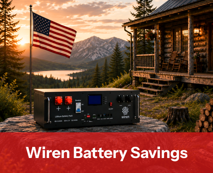 Wiren battery shown outside log cabin with American flag and mountains in the background. $50 off this Fourth of July shop now. 