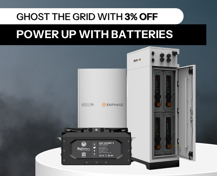 Shop 3% off batteries with misty gray background.