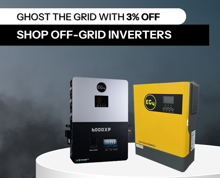 Shop 3% off off-grid inverters with misty gray background.