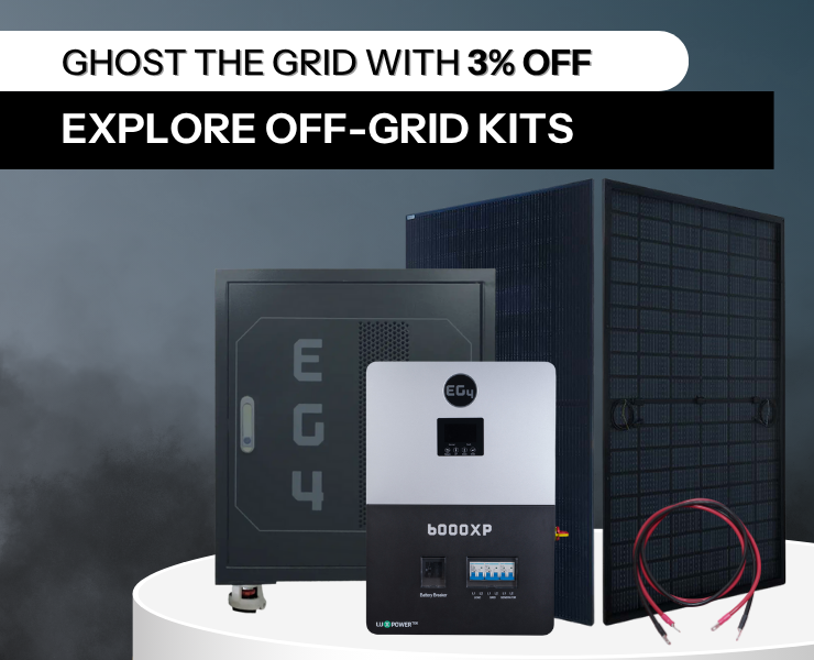 Shop 3% off off-grid solar kits with misty gray background.