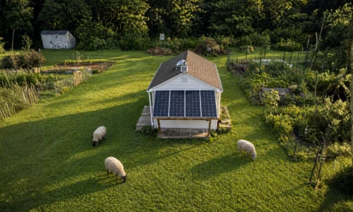 Large garden next to shed with solar panels and water collection tanks.