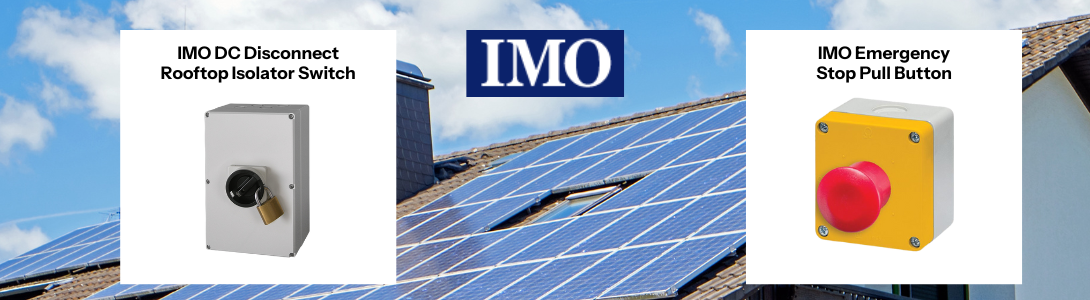 IMO Solar logo over solar panel roof image with DC Isolator Switch and Emergency Button