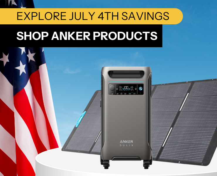 Promotional banner for Anker Solix July 4th sale with cooler and power station products and discounts. Shop Anker CTA.