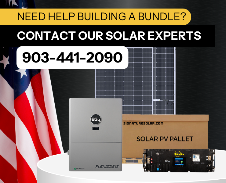 Contact our solar experts against dark background with EG4 products and solar panel displayed. 903-441-2090 call button.