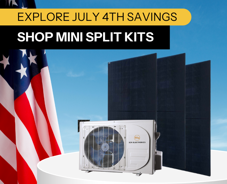 Save $150 on mini-split kits with solar panel purchase. Showing man installing solar panels and mini split kit. Shop now!