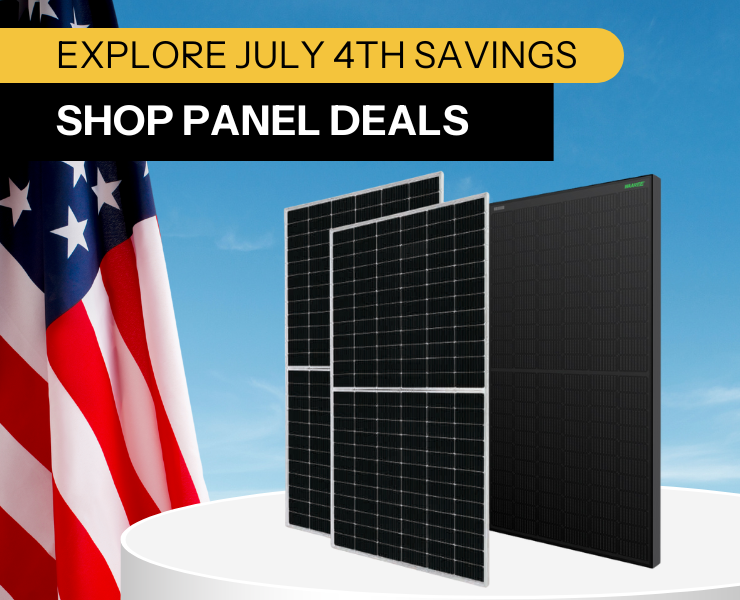 Fourth of July solar panel savings promotion with pricing details. Additional $50 off shipping in cart with 10 solar panels, battery, and inverter purchase. Shop now!