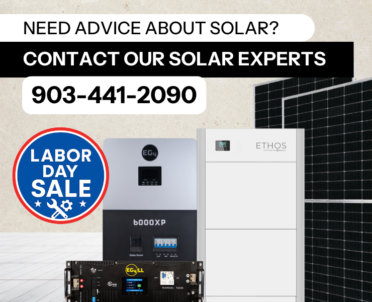 Contact Signature Solar experts at 903-441-2090 with EG4 off-grid kit and dark background.