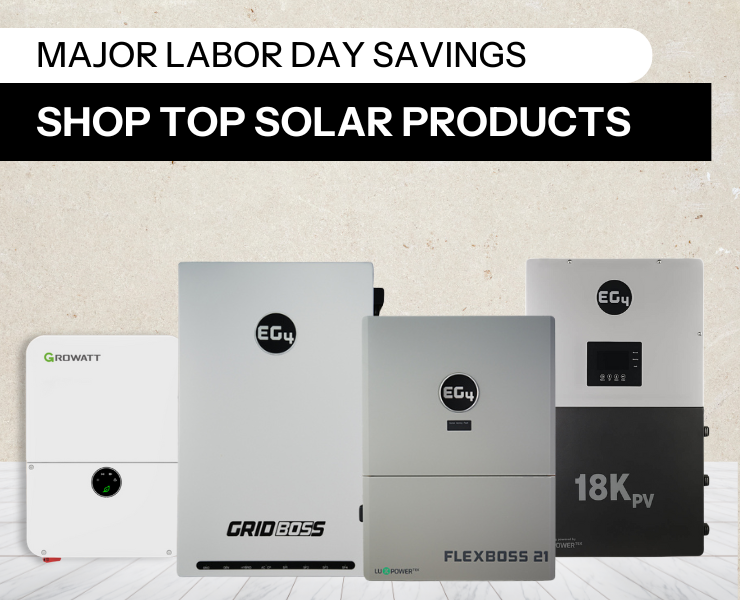 Shop top solar products Labor Day sale showing Growatt and EG4 products with stone background.