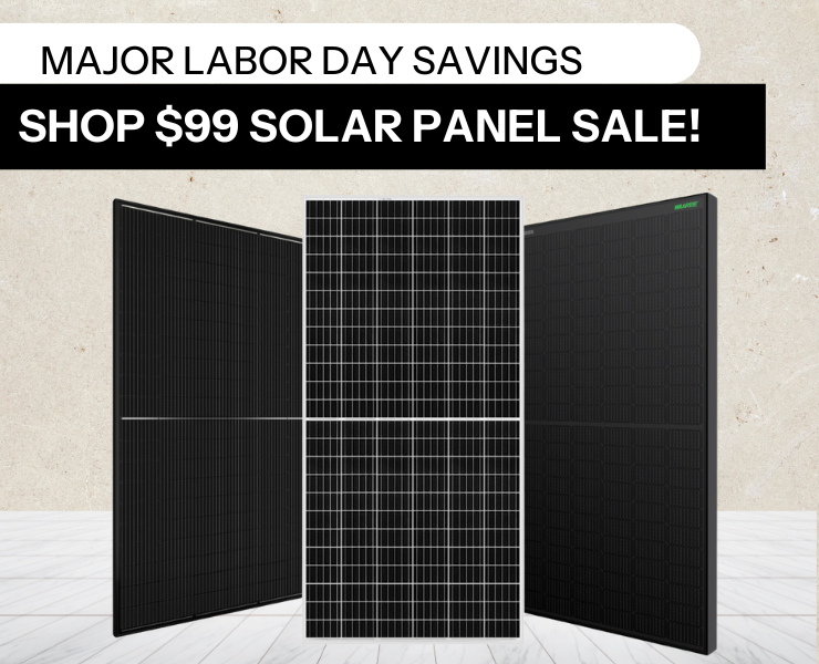 Shop the $99 Solar Panel Sale! Showing solar panels against stone background.