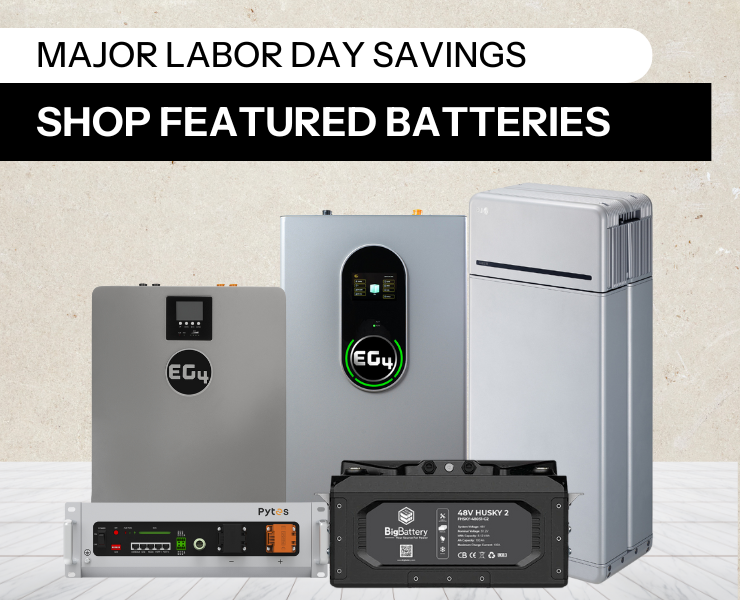 Shop featured batteries and save more! Showing EG4, LG, Pytes, and BigBattery batteries against stone background.