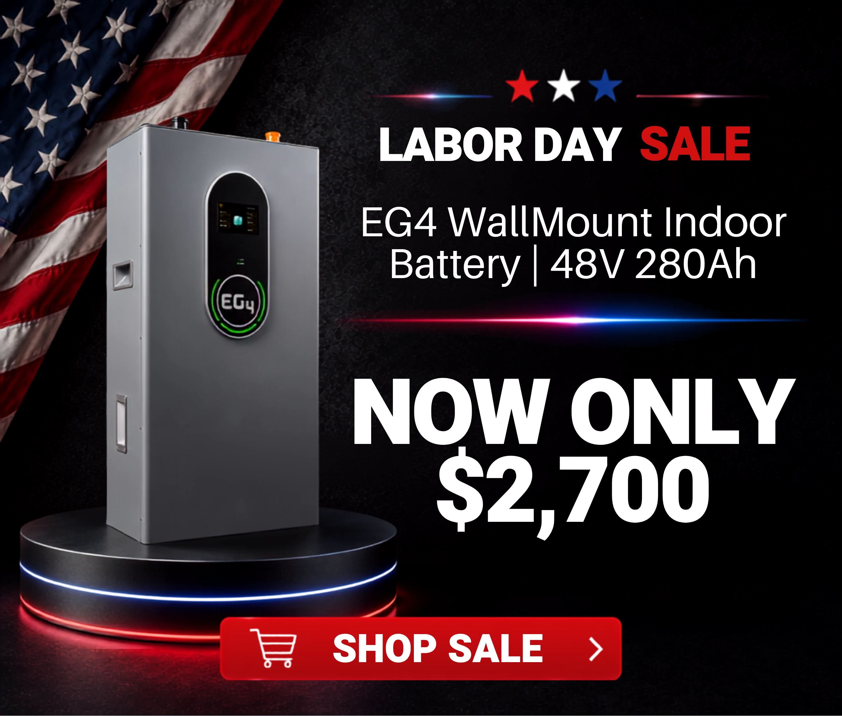 EG4 WallMount Indoor Battery | 48V 280Ah only $2,700 while supplies last! Showing battery in garage with an American flag outside. Shop battery deal now.