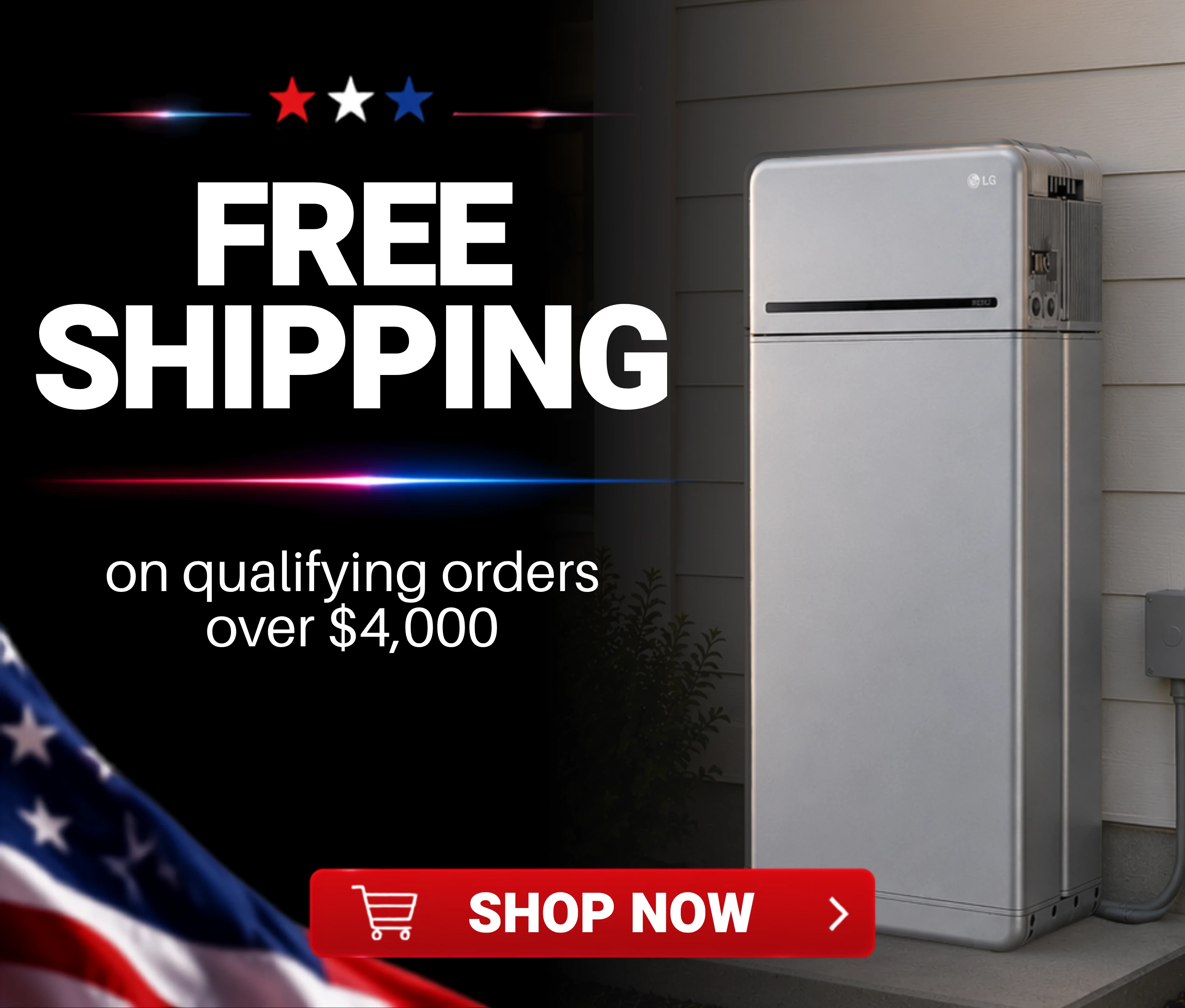 Free shipping on qualifying orders over $4,000 showing LG battery and shop now button.
