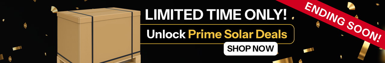 Limited time only unlock prime solar deals promotional banner with pallet box and confetti ending soon
