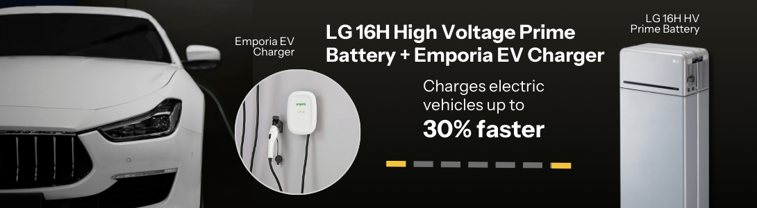 LG 16H High Voltage Prime Battery and Emporia EV Charger 30% faster with image of car charging.