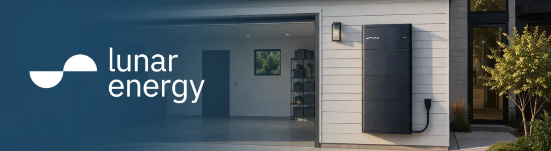 Lunar Energy battery system installed on the side of a home with Lunar logo.