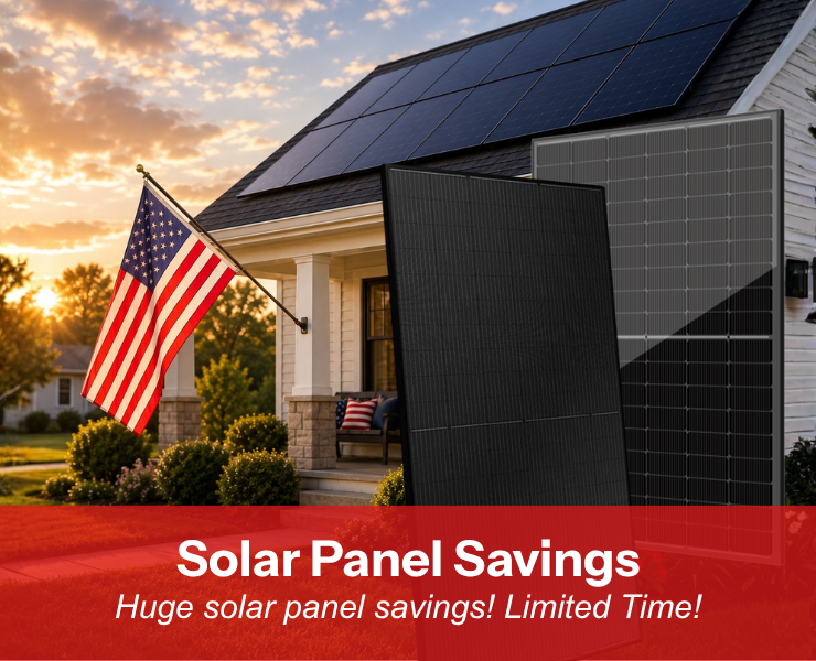 Get huge savings on solar panels this Memorial Day! Showing solar panels in front of home with American flag. Shop now!
