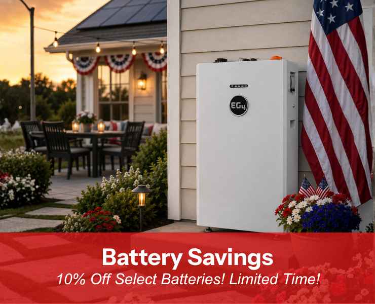 Get 10% off select batteries this Memorial Day! Showing battery with flag against home.