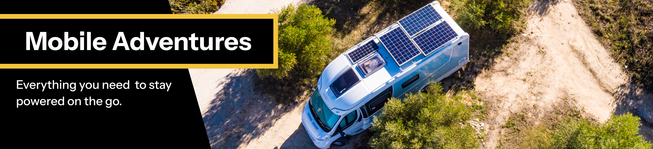 Mobile Adventures banner showing RV with solar panels in western scene.